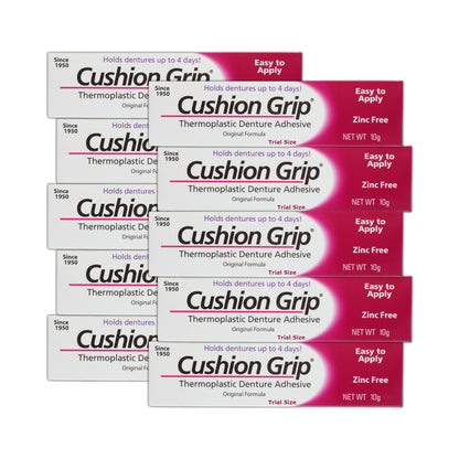 Cushion Grip Thermoplastic Denture Adhesive – Travel Size 0.35 oz (Pack of 10) | Up to 4 Days Hold