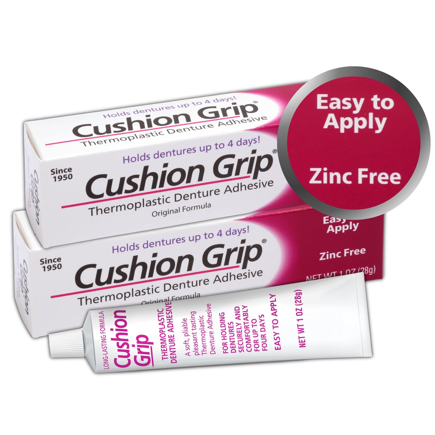 Cushion Grip Thermoplastic Denture Adhesive – 1oz, 2-Pack – Extra Strong Hold Up to 4 Days