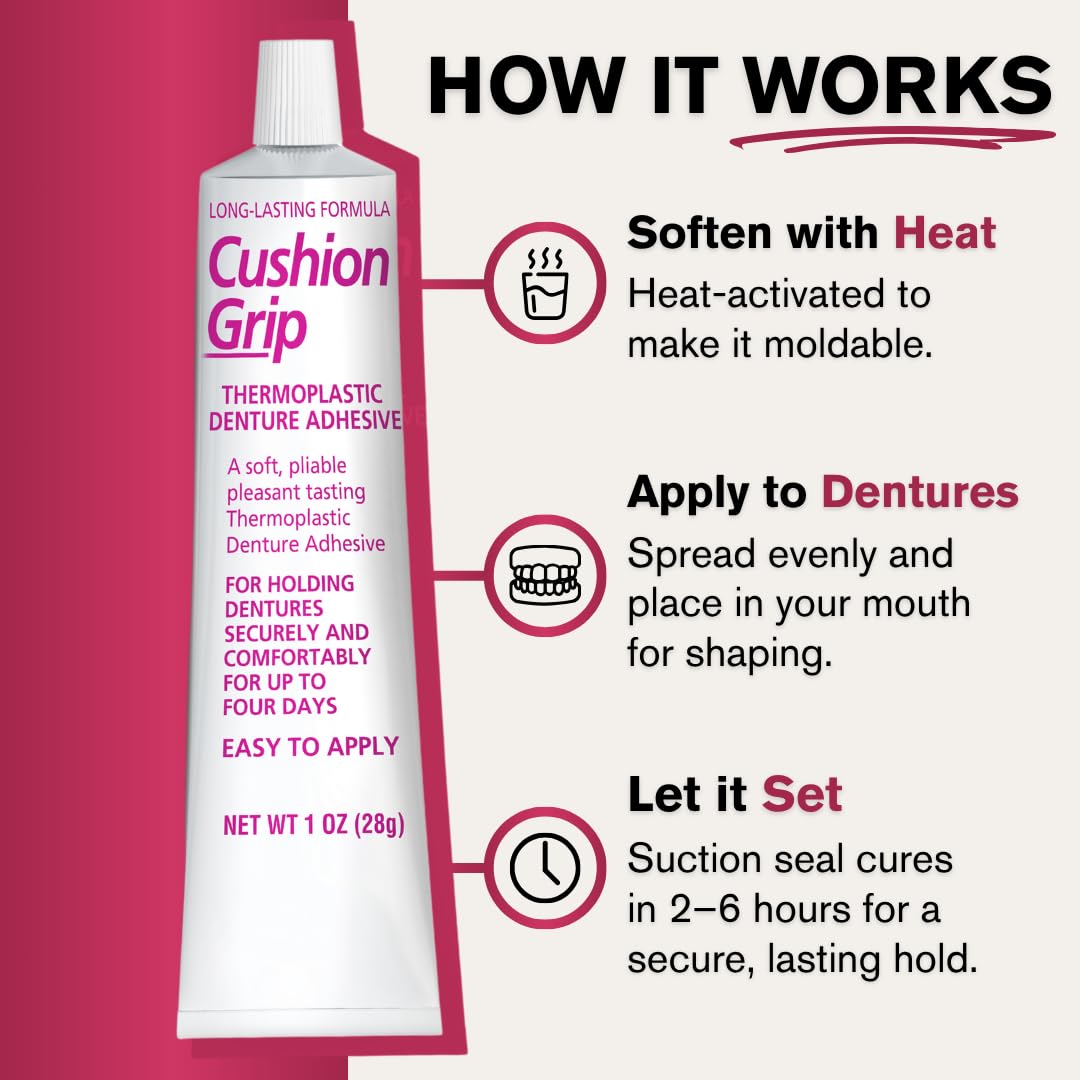 Cushion Grip Thermoplastic Denture Adhesive – 1oz, 2-Pack – Extra Strong Hold Up to 4 Days