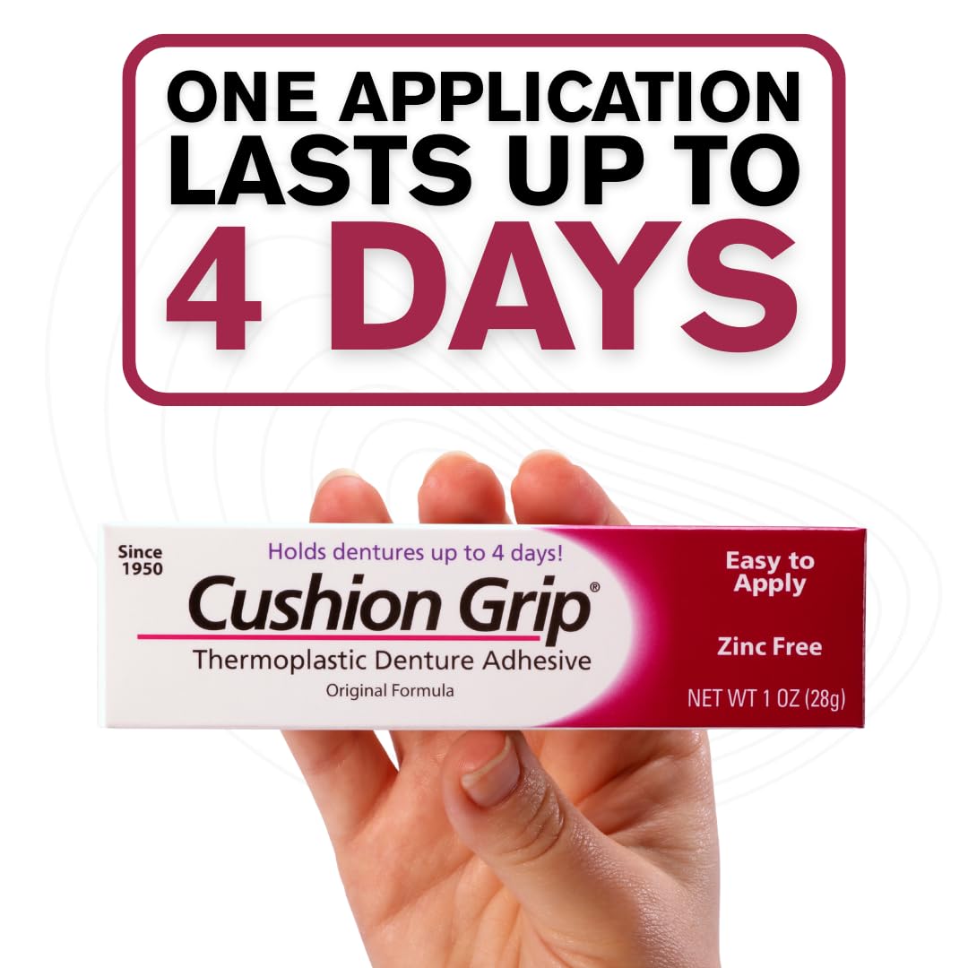 Cushion Grip Thermoplastic Denture Adhesive 1oz (5 Pack) - Extra Strong Hold Up to 4 Days