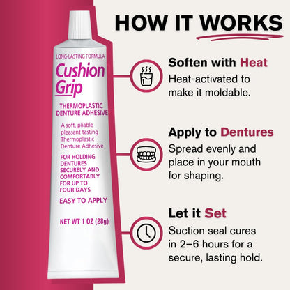 Cushion Grip Thermoplastic Denture Adhesive 1oz (5 Pack) - Extra Strong Hold Up to 4 Days