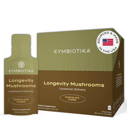 CYMBIOTIKA Liposomal Mushroom Supplement – Lion’s Mane, Turkey Tail, Cordyceps & Reishi, Chocolate Fudge, 30 Pack