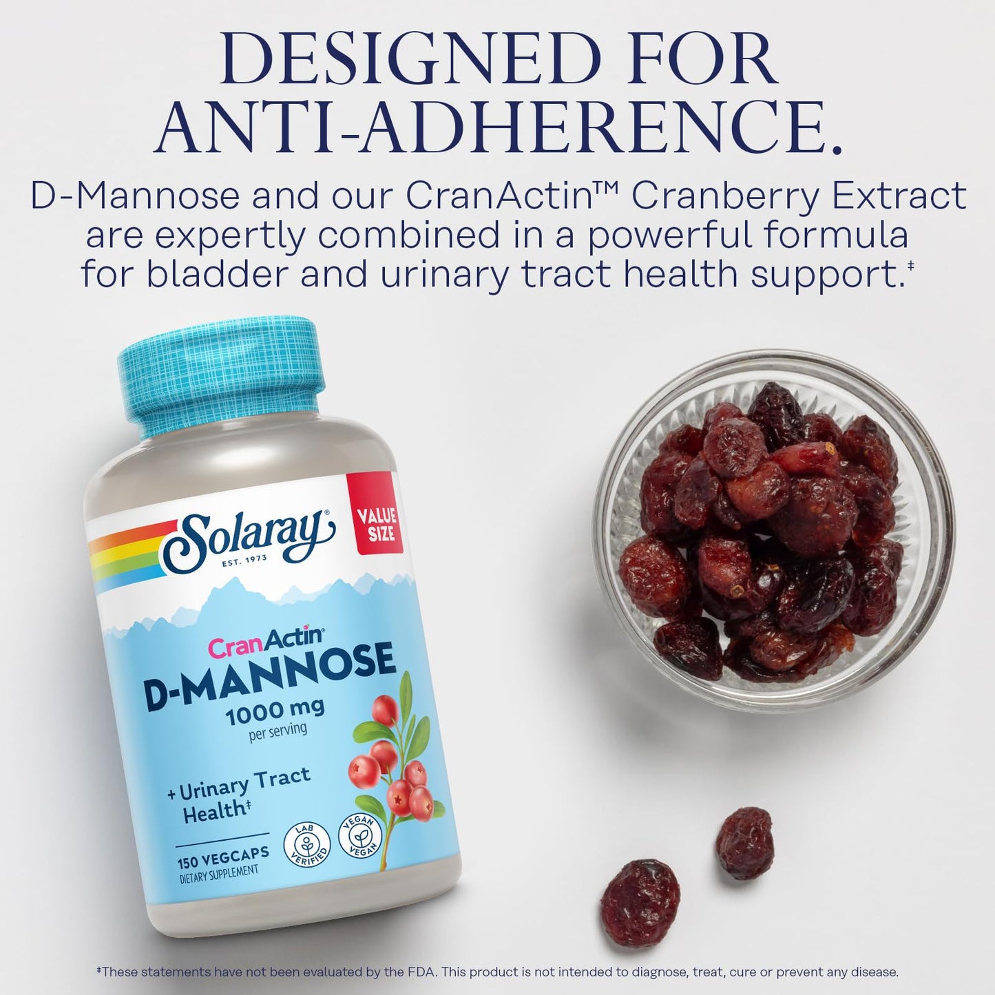 Solaray D-Mannose 1000mg with CranActin Cranberry – Urinary Health Support, Vegan, 150 VegCaps