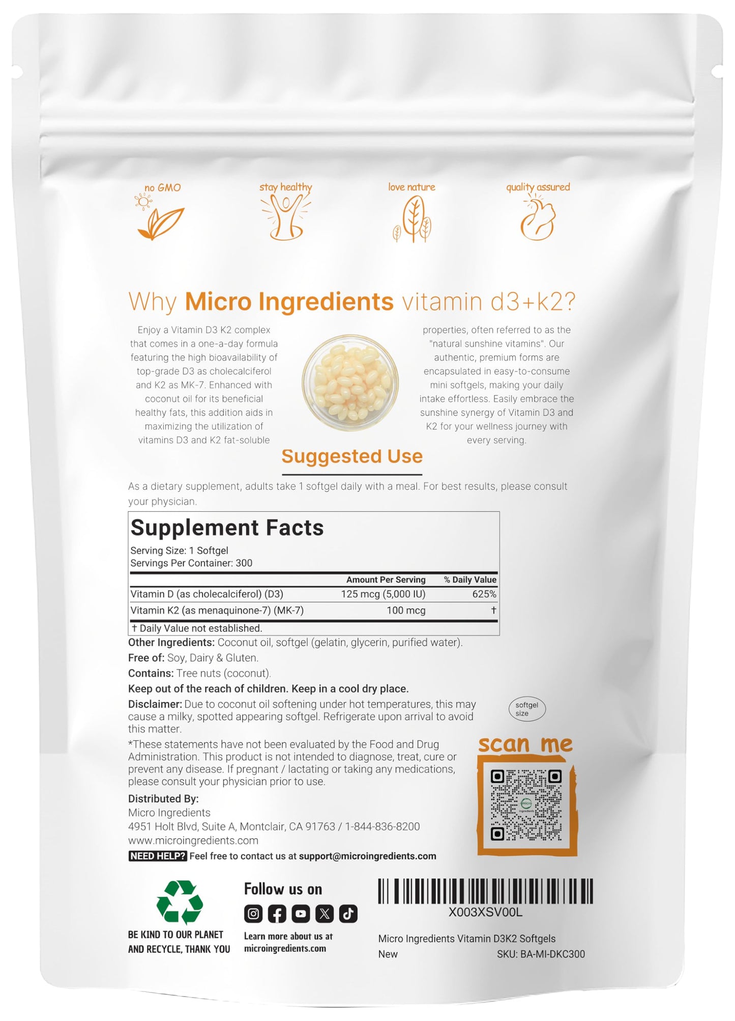 Vitamin D3 5000 IU + K2 MK-7 100 mcg – 300 Softgels, Virgin Coconut Oil
