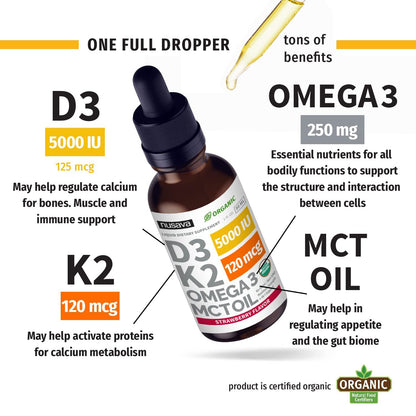 (2 Pack) Organic Vitamin D3 K2 Drops 5000 IU - Immune Support, Strawberry (2oz)