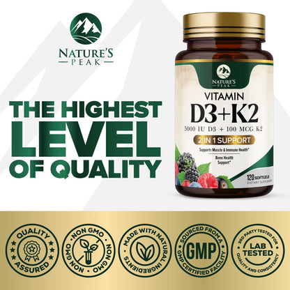 D3 K2 Vitamin 5000 IU - 2-in-1 D3 + MK-7 (100 mcg) Softgels | USA Made, Gluten Free