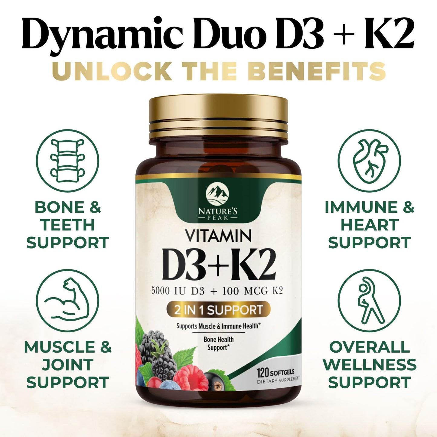 D3 K2 Vitamin 5000 IU - 2-in-1 D3 + MK-7 (100 mcg) Softgels | USA Made, Gluten Free