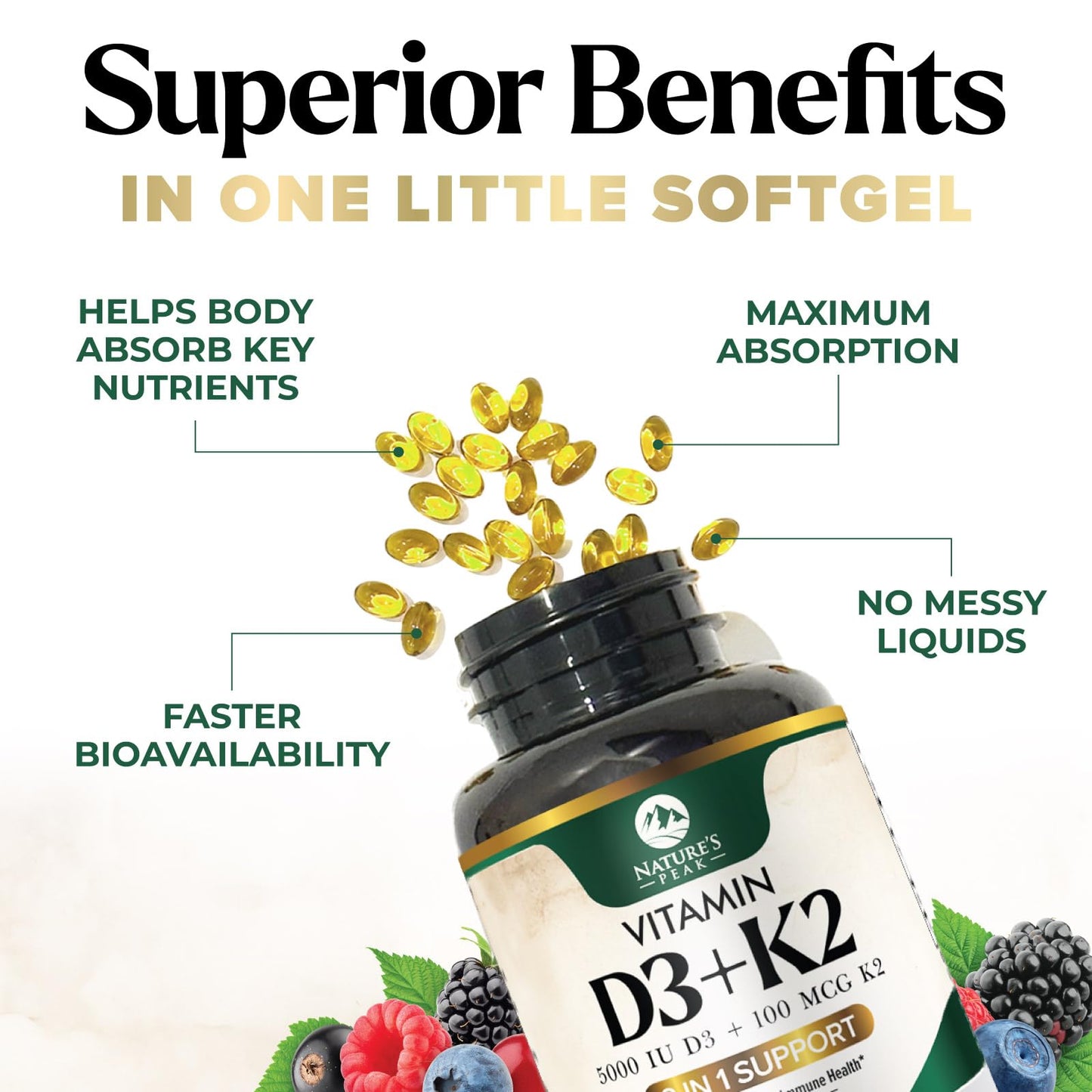 D3 K2 Vitamin 5000 IU - 2-in-1 D3 + MK-7 (100 mcg) Softgels | USA Made, Gluten Free