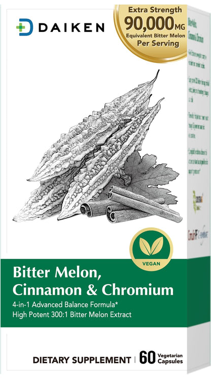DAIKEN Bitter Melon with Cinnamon & Chromium – Extra Strength, 90,000 mg per Serving (Pack of 2, Vegetarian)