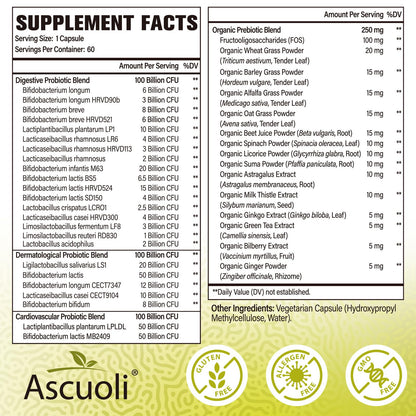 Ascuoli Probiotics for Women & Men – 300B CFU, 24 Strains + 15 Organic Herbs Prebiotic Blend | 240 Veg Capsules