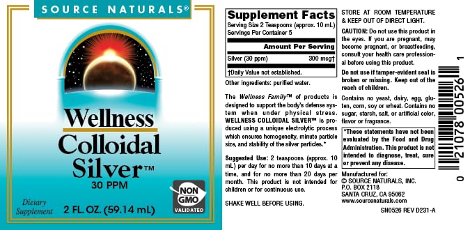 Source Naturals Wellness Colloidal Silver 30 ppm – Non-GMO Liquid Dietary Supplement (2 fl oz)