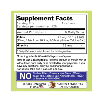Daily L-Methylfolate 15 mg / 15000 mcg – 5-MTHF, Filler Free, Gluten Free, Non-GMO, Vegetarian Capsules (120) – 4 Months Supply