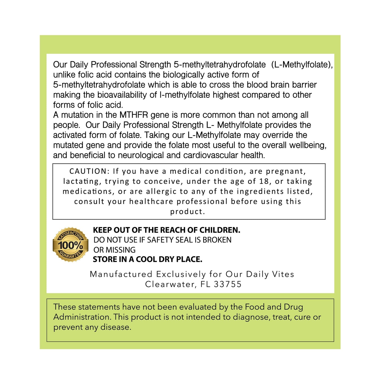 Daily L-Methylfolate 15 mg / 15000 mcg – 5-MTHF, Filler Free, Gluten Free, Non-GMO, Vegetarian Capsules (120) – 4 Months Supply