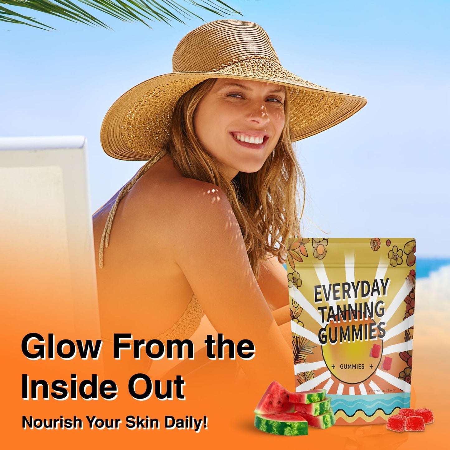 Daily Tanning Gummies – Natural Sunless Tan with Astaxanthin, Lycopene & Beta Carotene – Watermelon