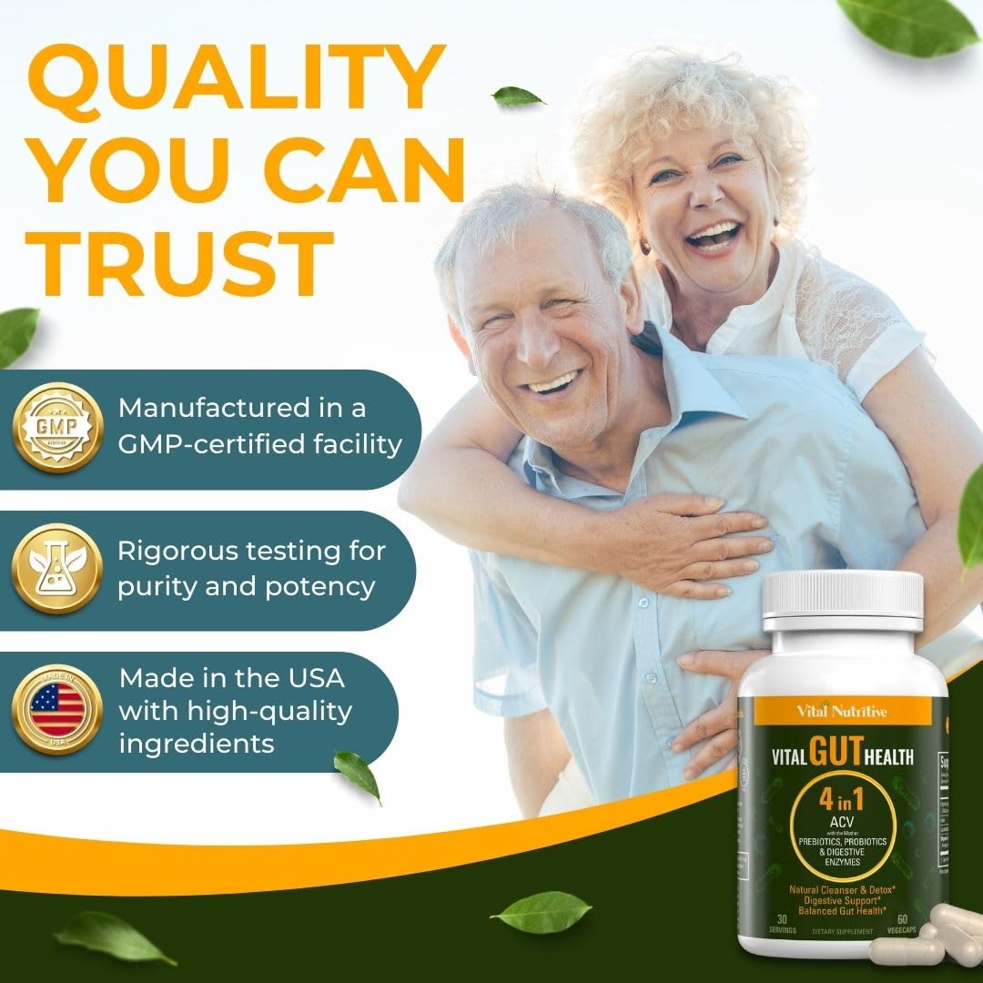 Vital Gut Health 4-in-1 Formula with ACV, Prebiotics & Probiotics | Digestive Enzymes | Vital Nutritive