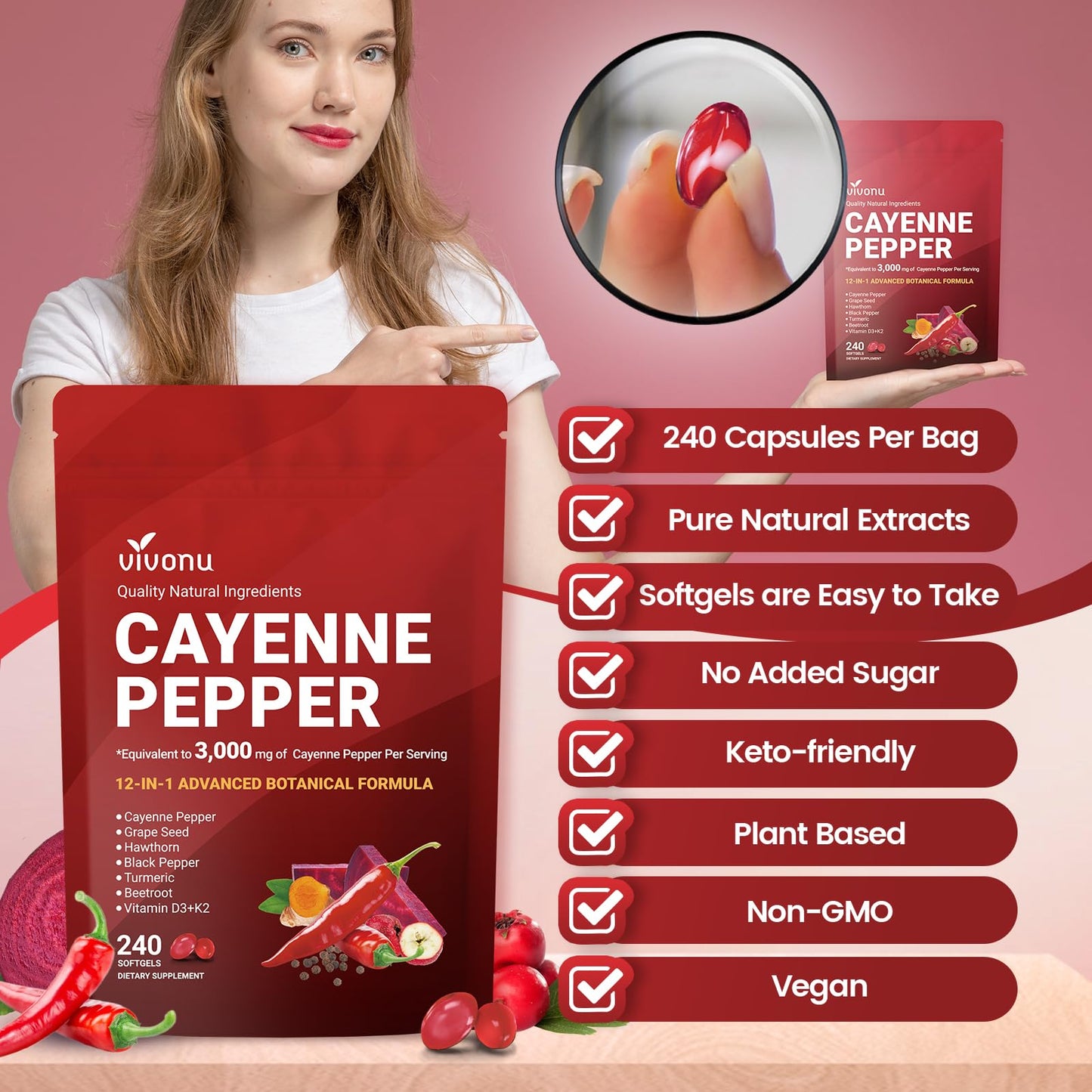 Cayenne Pepper Softgels Supplement, Supports Leg Vein, Heart and Blood Vessel Health, with Vitamin E D3+K2 and Extracts of Grape Seed, Hawthorn, Beetroot, Berberine and Others (240 Softgels / 1 Pack)