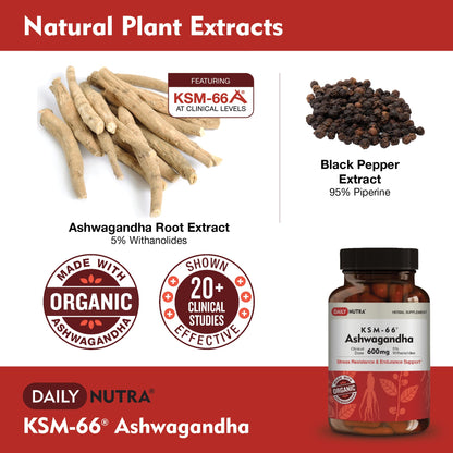 DailyNutra KSM-66 Ashwagandha 600mg Organic Root Extract | High Potency 270 Capsules