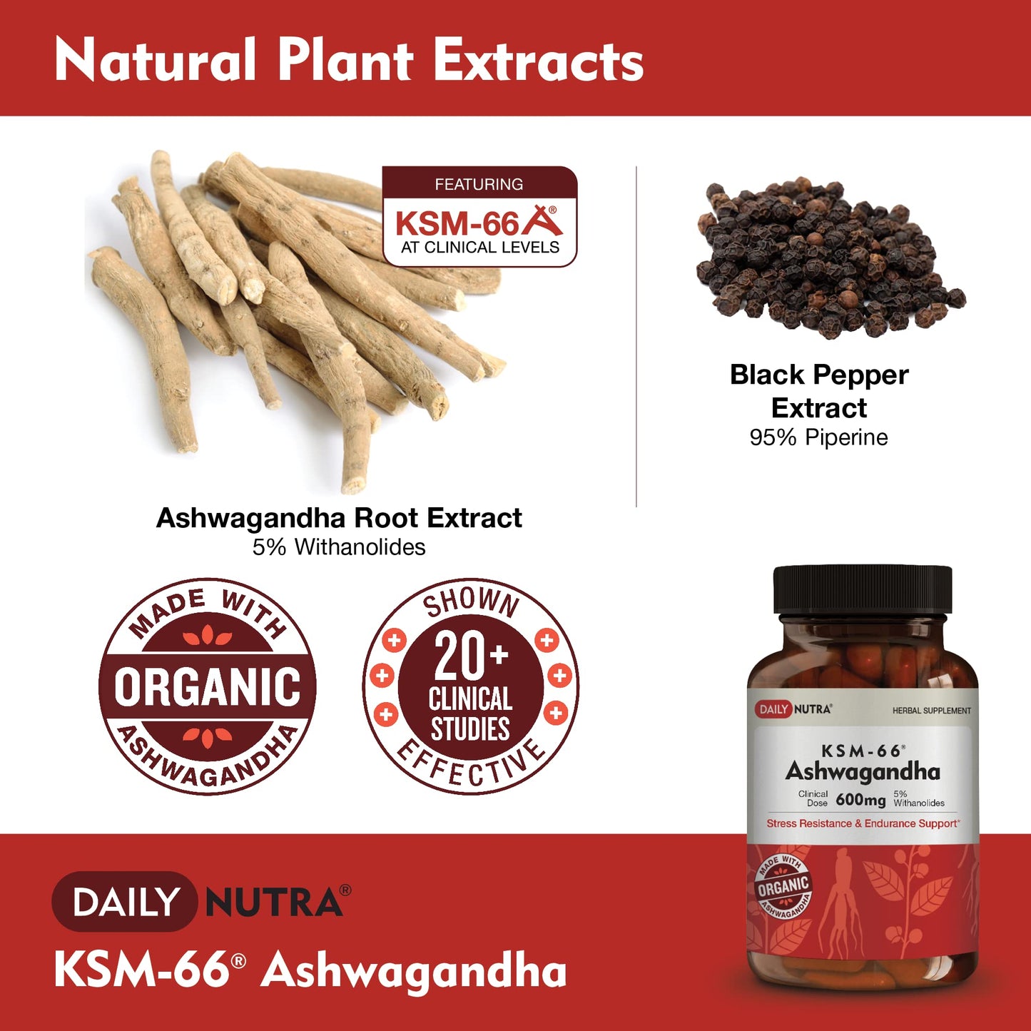 DailyNutra KSM-66 Ashwagandha 600mg Organic Root Extract | High Potency 270 Capsules