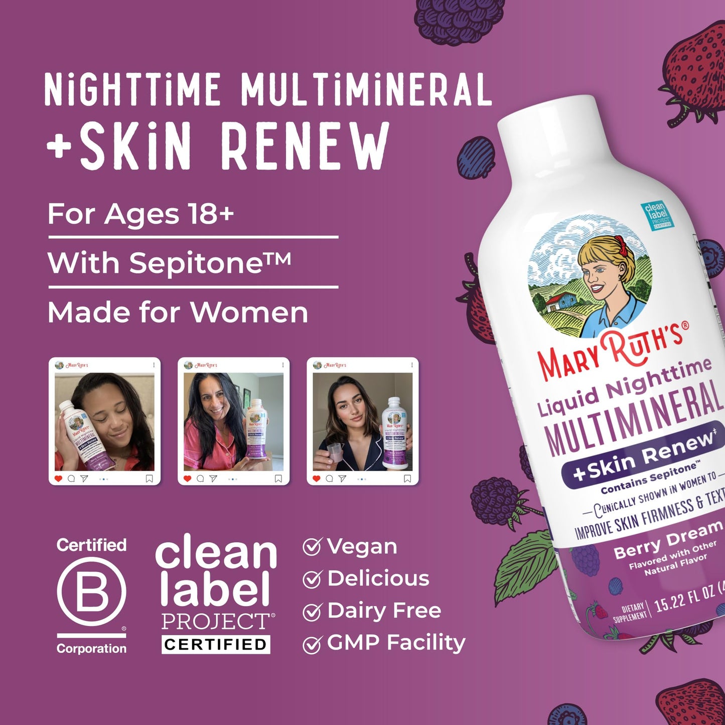 MaryRuth's Liquid Nighttime Multimineral + Skin Renew | Sepitone, No Melatonin, Vegan, 15 Servings