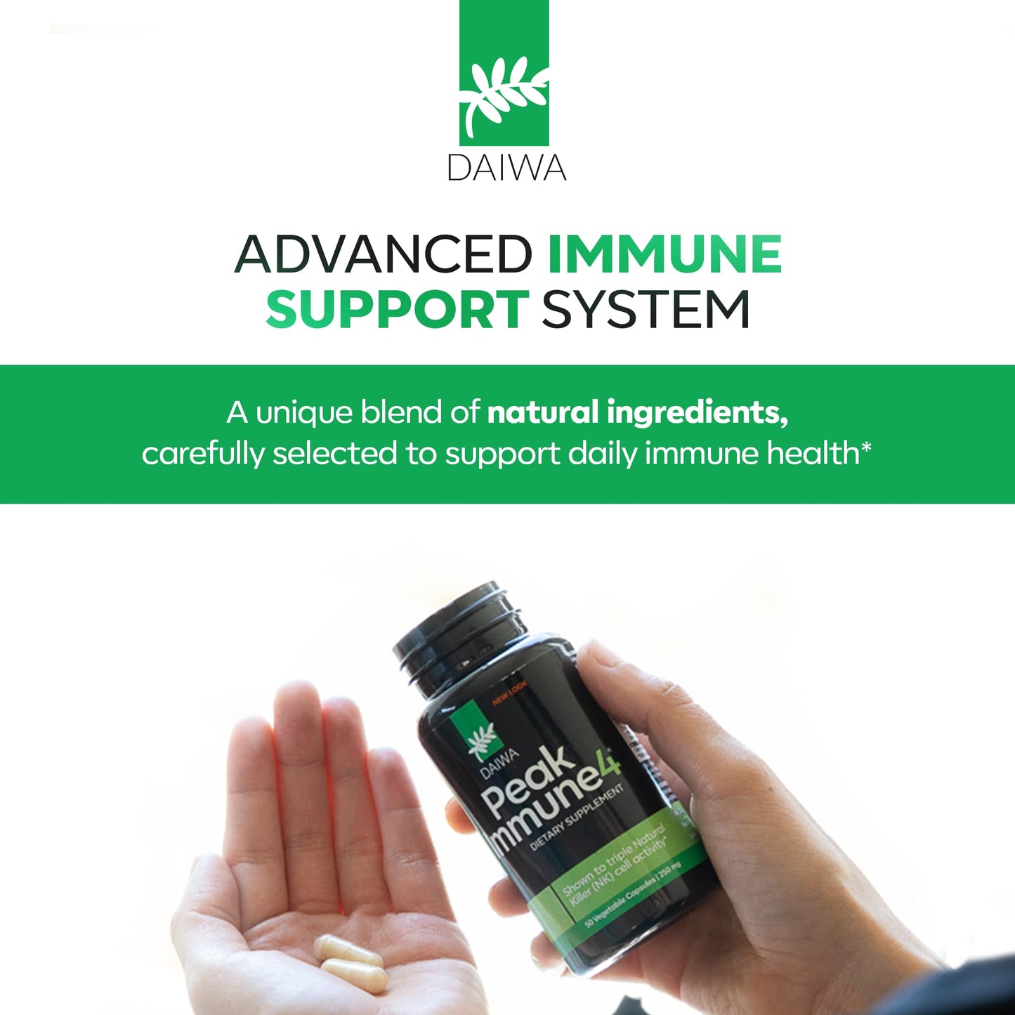 Daiwa PeakImmune4® – Immune Support Supplement for Adults with Rice Bran Arabinoxylan Compound (RBAC) and Shiitake Mushroom Enzyme – 50 Capsules