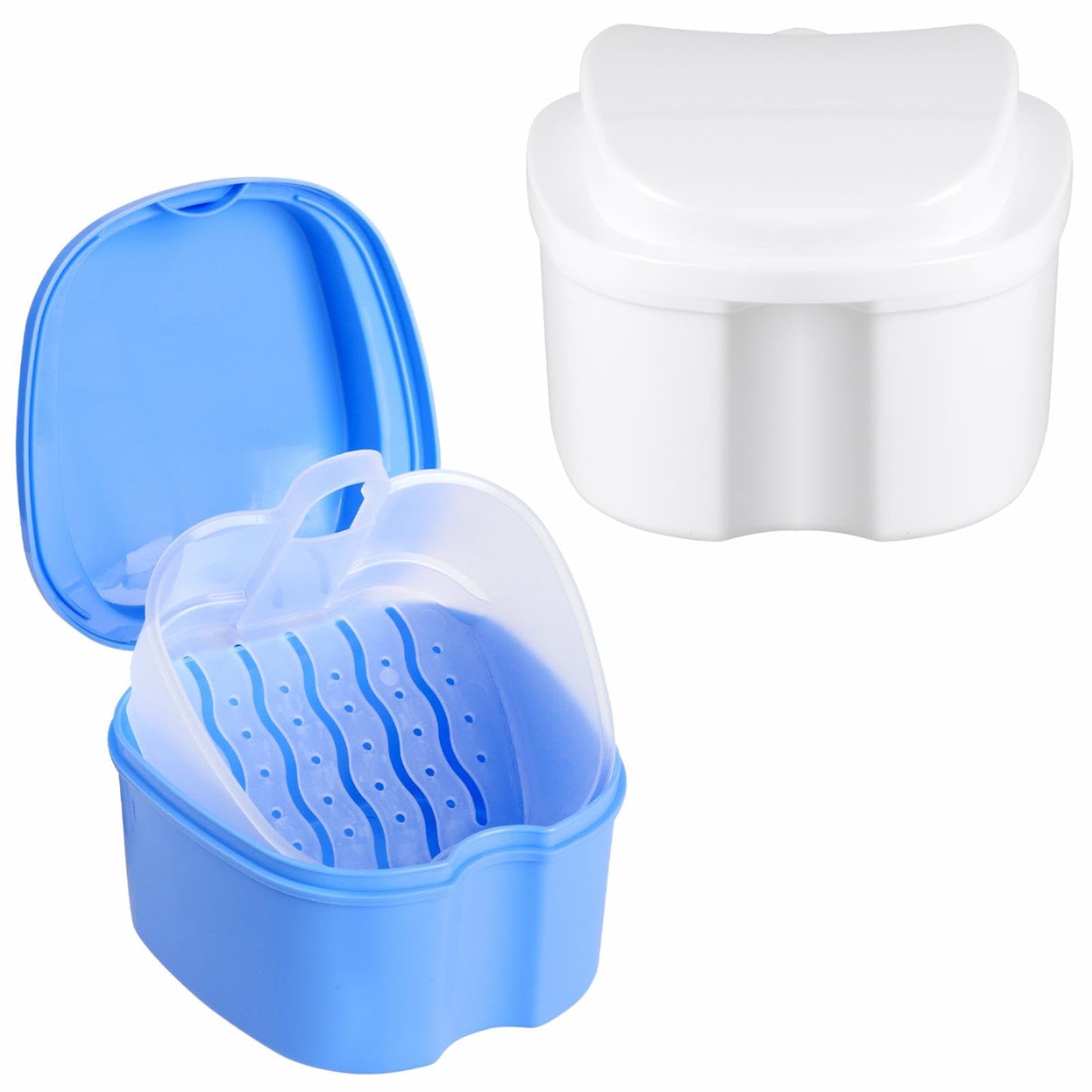 DAJISI 2-Pack Denture Case with Strainer Basket – Soaking Cups for Full & Partial Dentures (Blue & White)
