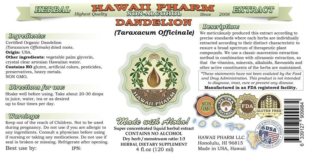 Dandelion Alcohol-Free Liquid Extract – Organic Taraxacum Officinale Glycerite, 2 oz | Hawaii Pharm