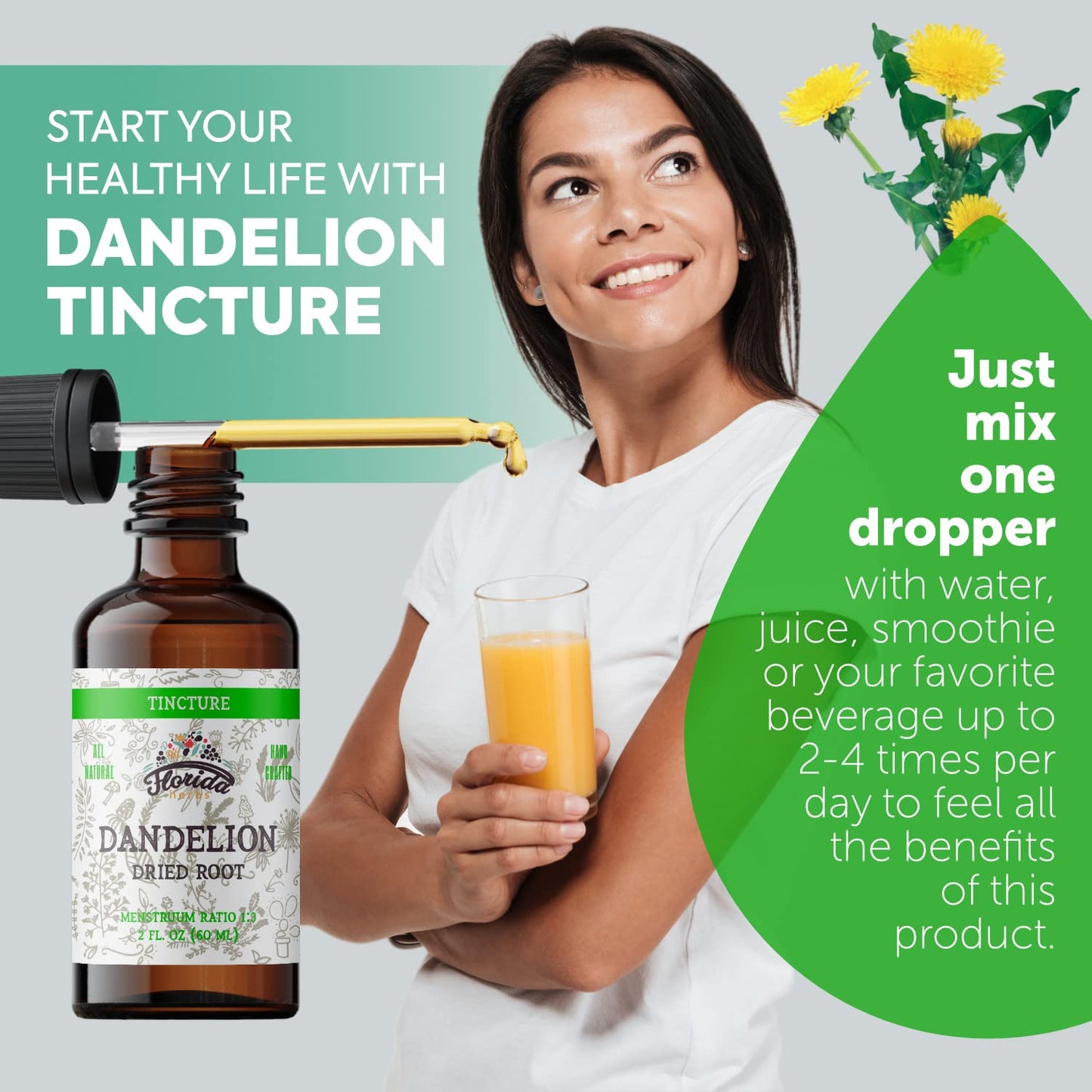 Florida Herbs Dandelion Root Tincture Organic - Non-GMO, Cold-Pressed Glycerin, 2 oz, 685 mg (Pack of 2)