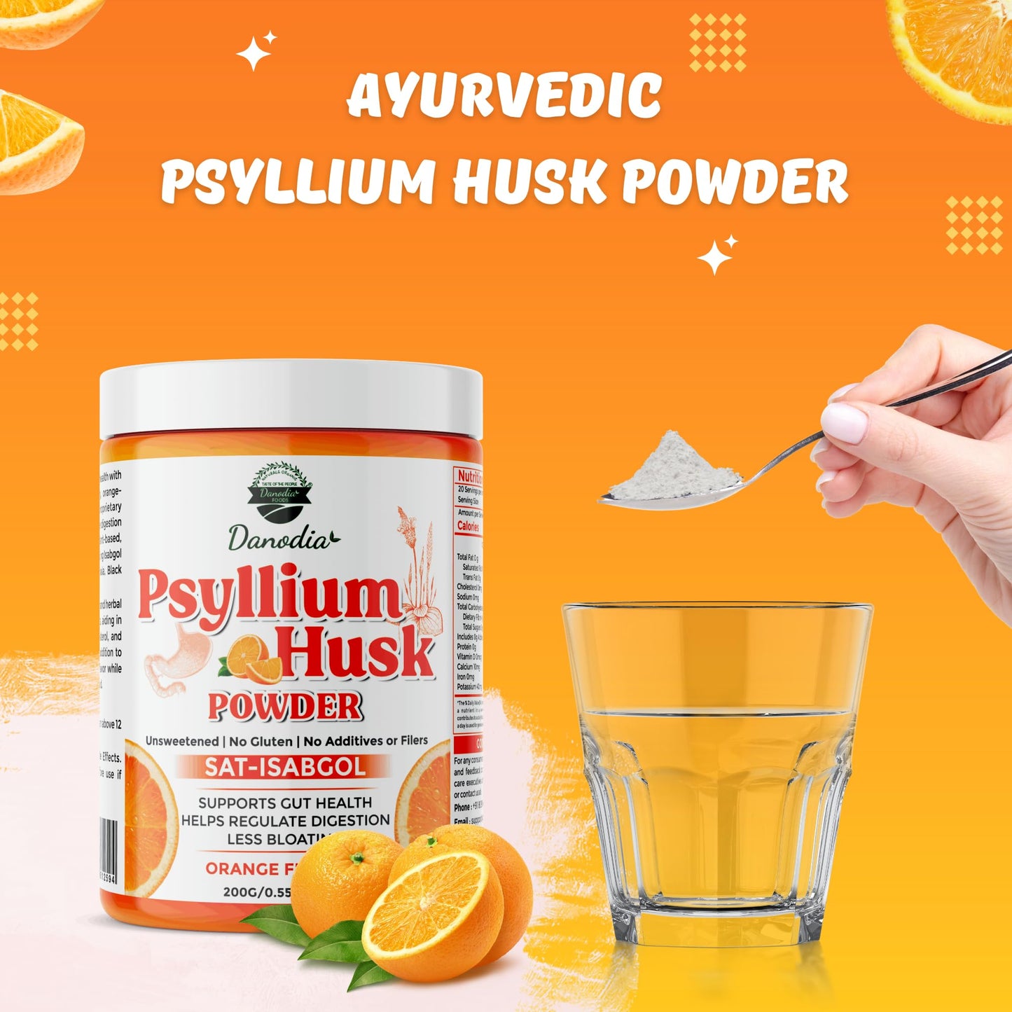 Danodia Foods Organic Psyllium Husk Powder – Mild Orange Flavor (200g) | Gluten-Free Fiber Supplement