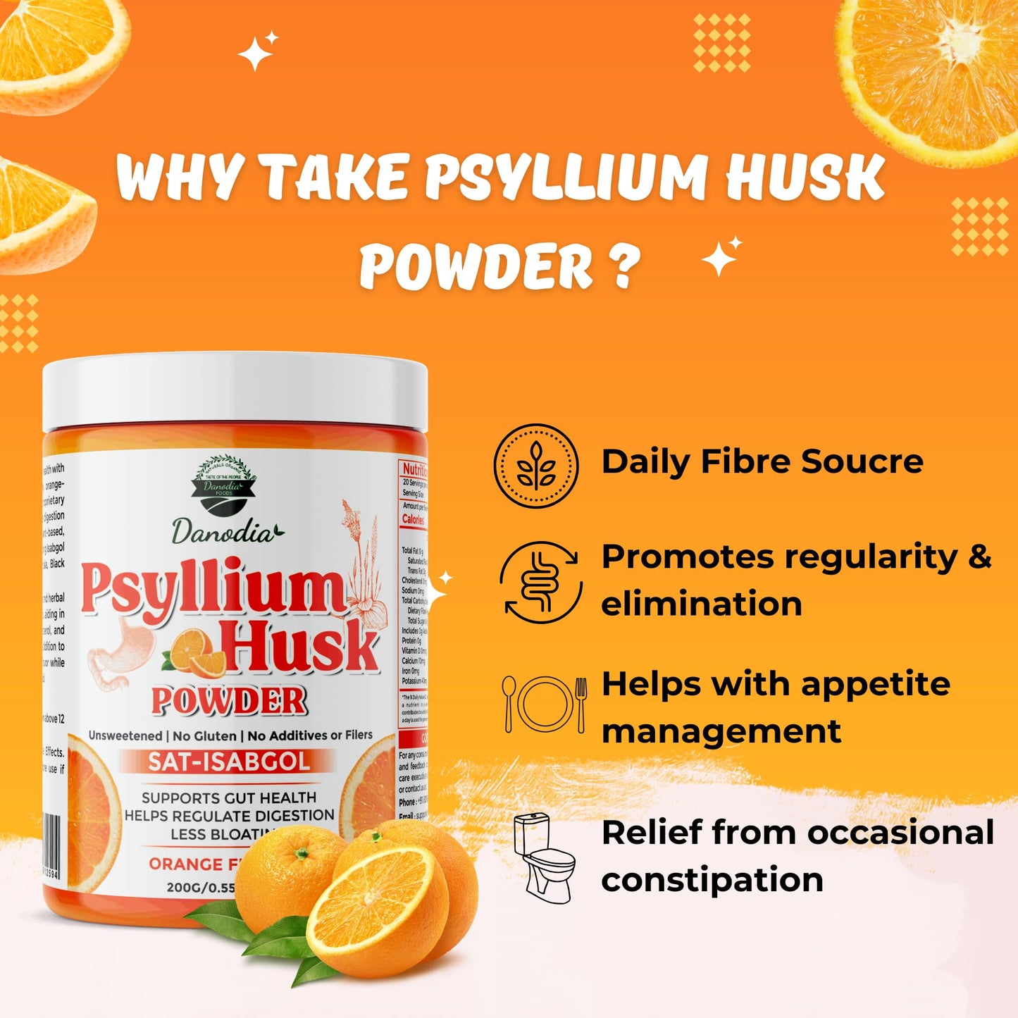 Danodia Foods Organic Psyllium Husk Powder – Mild Orange Flavor (200g) | Gluten-Free Fiber Supplement