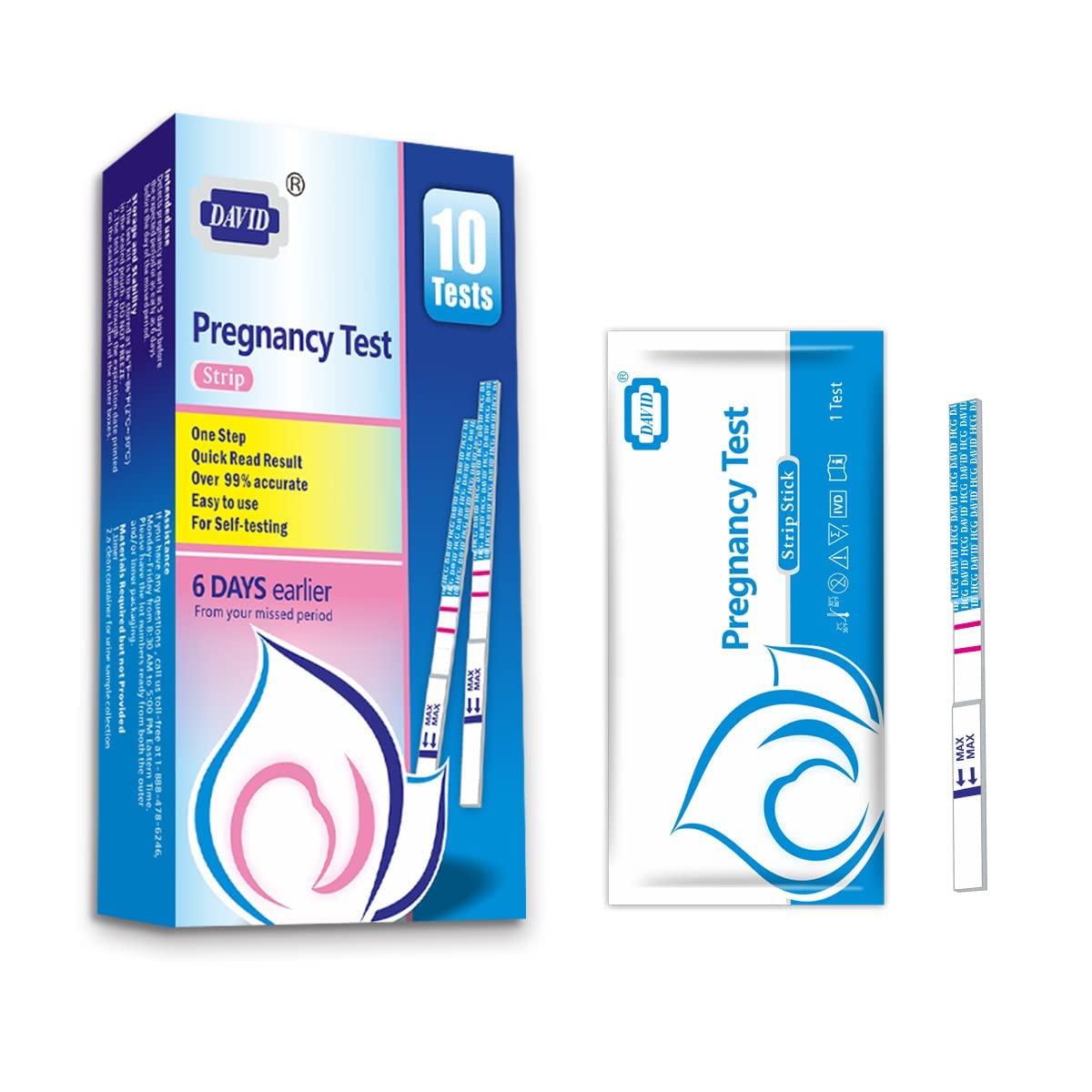 DAVID Pregnancy Test Strips – Early Detection HCG, 10 Count, 6 Days Before Missed Period