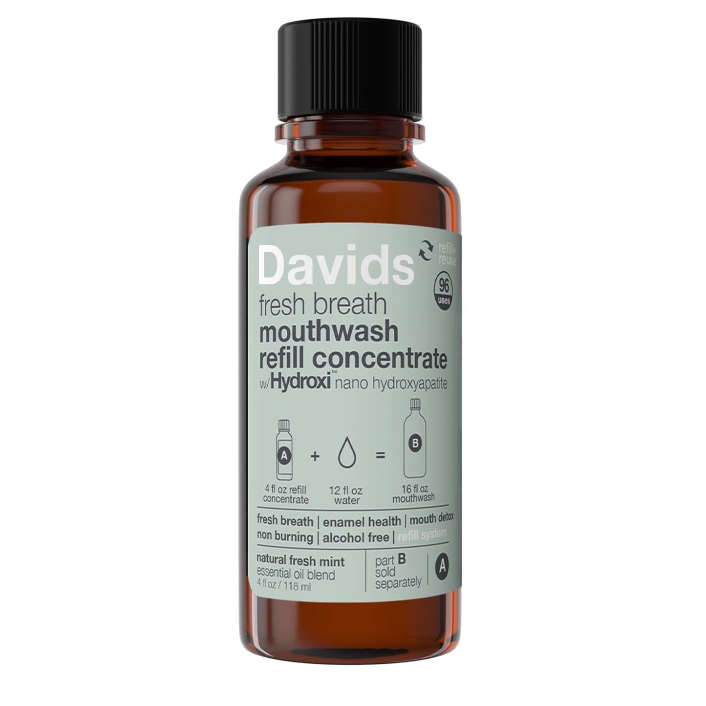 Davids Hydroxi Nano-Hydroxyapatite Mouthwash Refill – Alcohol-Free, Fluoride-Free, Remineralizing for Sensitive Teeth | 16 oz Concentrate