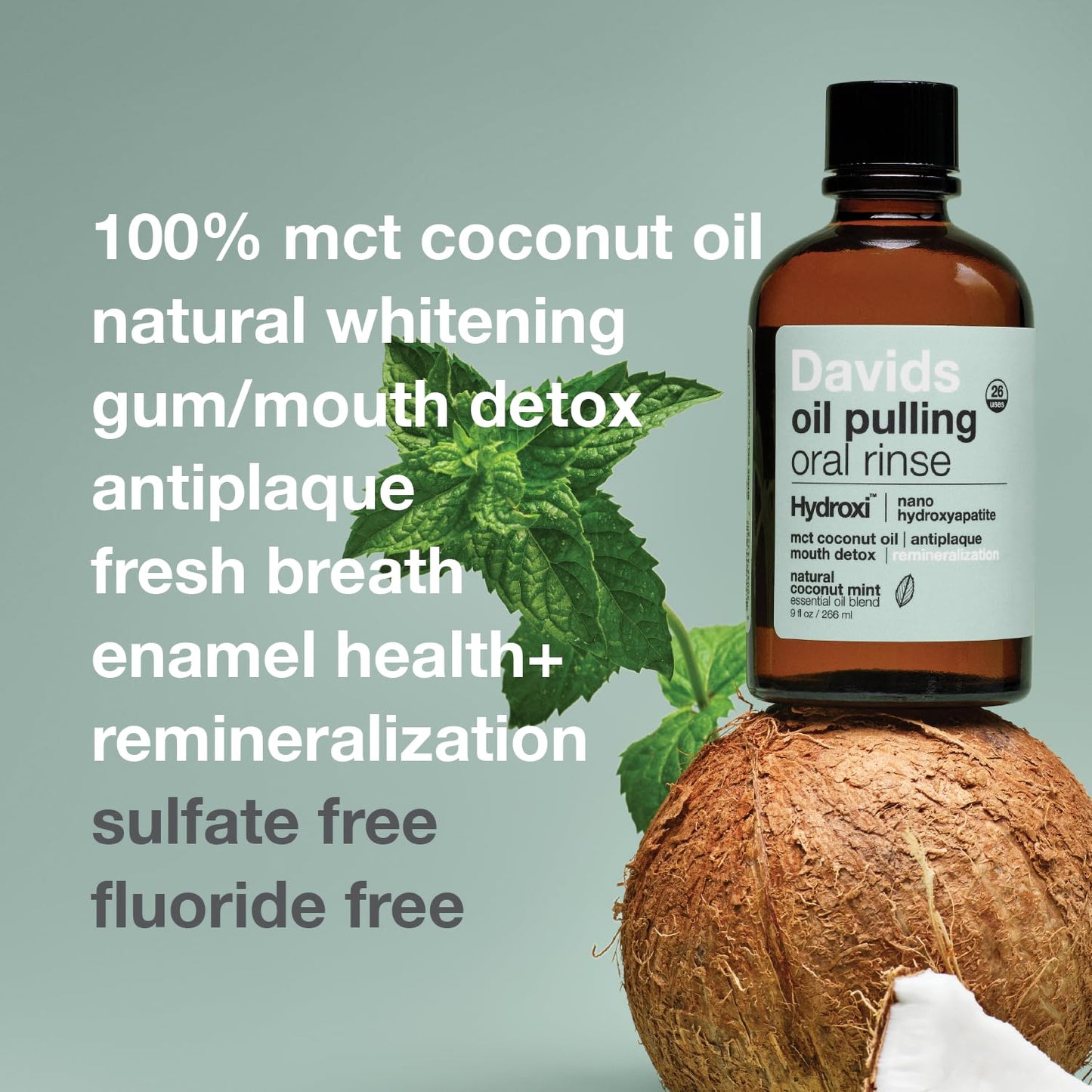 Davids Nano Hydroxyapatite Oil Pulling Mouthwash – 9 oz, Mint, MCT Coconut Oil