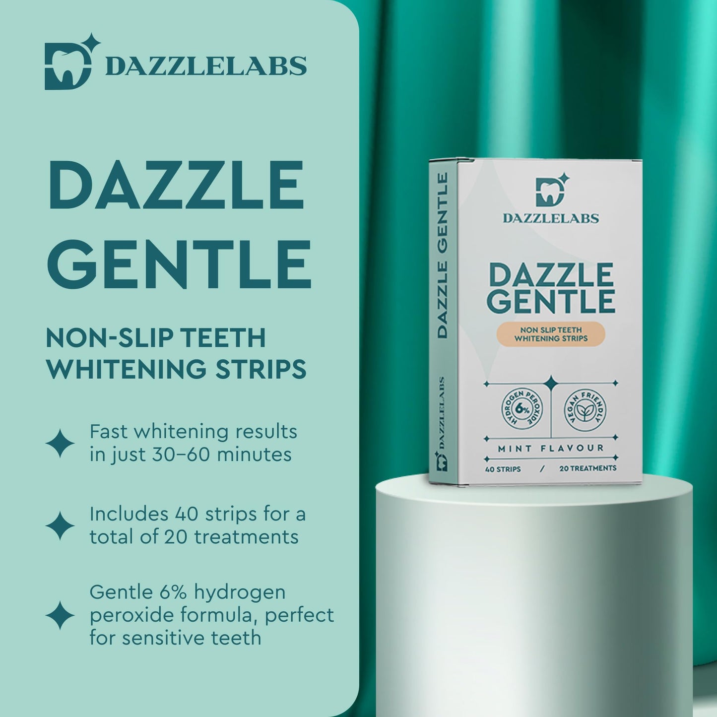DazzleLabs Gentle Teeth Whitening Strips - 20 Pack, Mint, 6% Hydrogen Peroxide