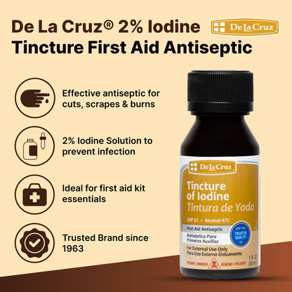 De La Cruz 2% Iodine First Aid Antiseptic – Made in USA – 1 FL OZ