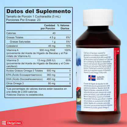 De La Cruz Cod Liver Oil Liquid – Pure Wild-Caught Icelandic Fish Oil 4 FL OZ (118 mL)