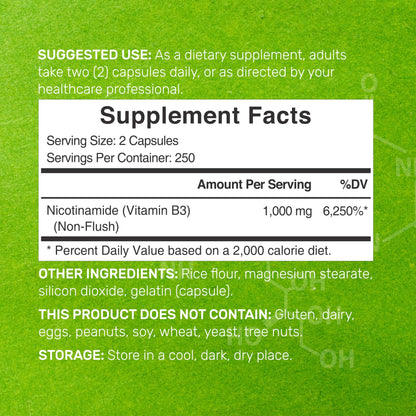 DEAL SUPPLEMENT Vitamin B3 Nicotinamide 1,000mg – 500 Capsules, Flush Free, Non-GMO