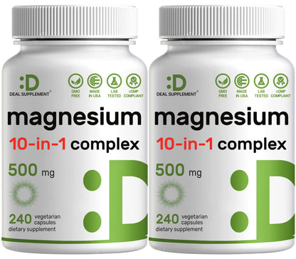 DEAL SUPPLEMENT Magnesium Complex 500mg – 480 Veggie Capsules | 10-in-1 Chelated Magnesium
