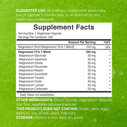 DEAL SUPPLEMENT Magnesium Complex 500mg – 480 Veggie Capsules | 10-in-1 Chelated Magnesium