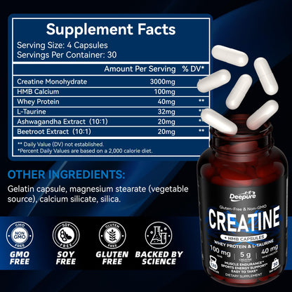 Deepure Micronized Creatine Monohydrate Capsules 5G (5000mg) - Strength & Muscle Growth | 120 Counts