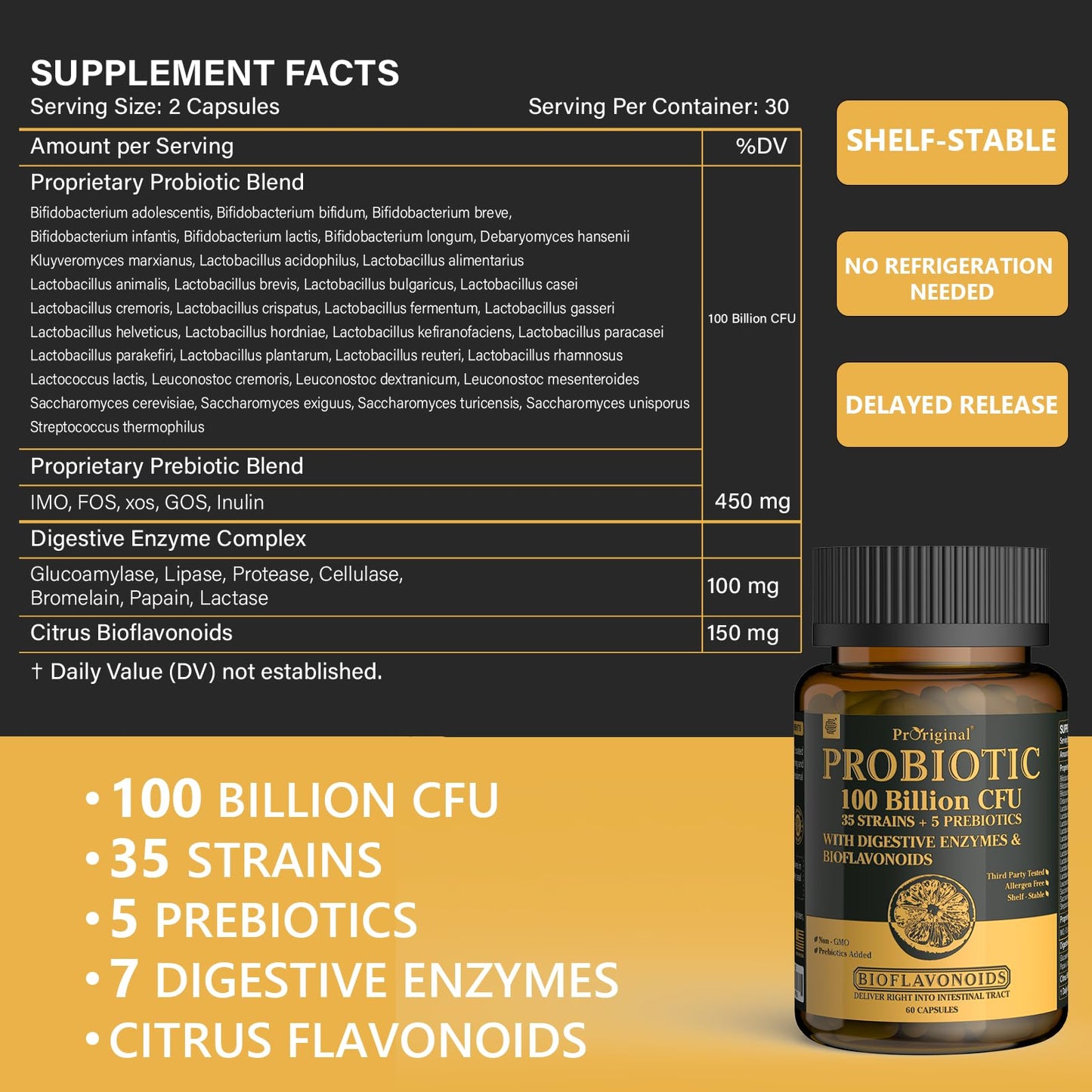 Proriginal Probiotics for Women & Men – 100 Billion CFU, 35 Strains, Prebiotics & Enzymes, 180 Caps
