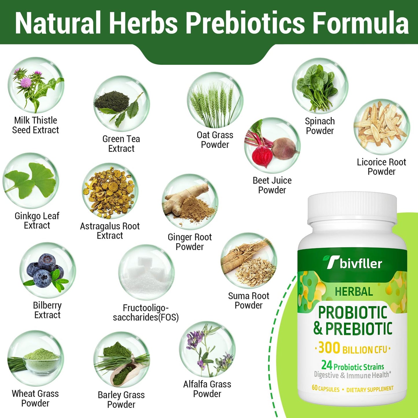 Tbivfller Probiotics for Women & Men — 300B CFU, 24 Strains, 15 Organic Herbs, 4 Month Supply