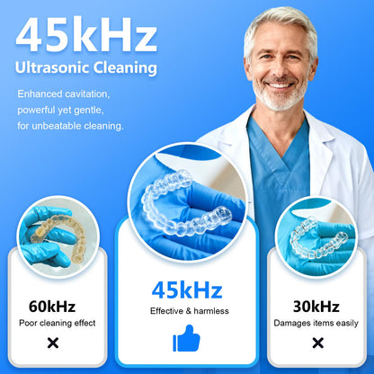 Dental Ultrasonic Retainer Cleaner Machine - 45kHz Sonic Cleaner, 200ml Tank, UV Light