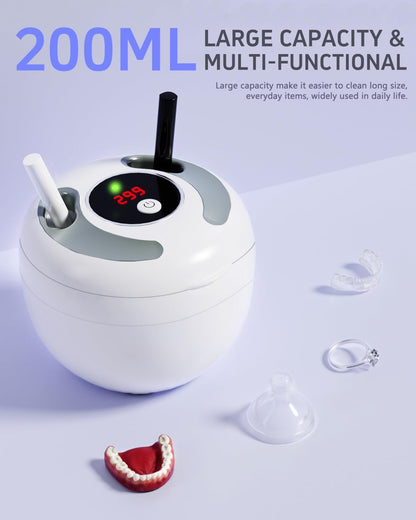 Dental Ultrasonic Retainer Cleaner – 45kHz, 4-Mode UV Denture Cleaner, 200ml Portable (White)