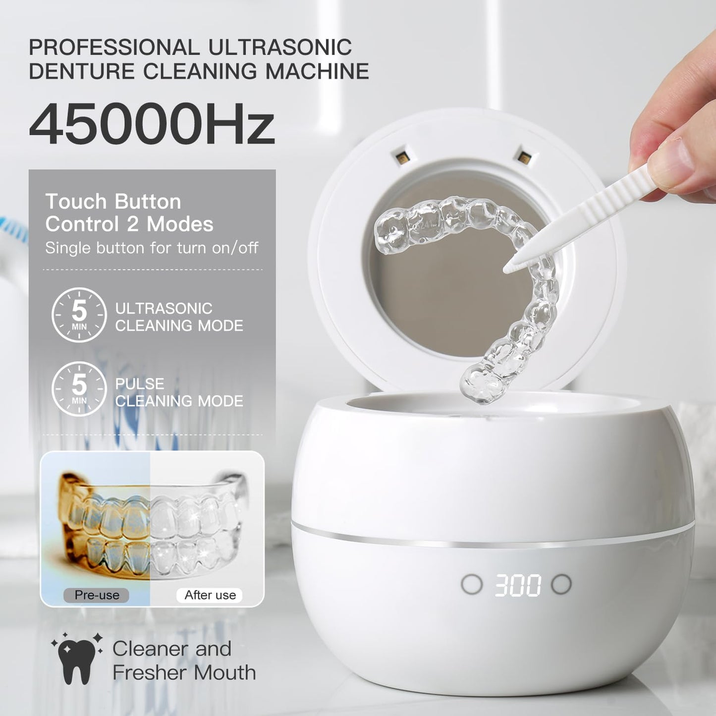 Dental Ultrasonic Retainer Cleaner – 45kHz UV Cleaning Pod, 250ml, Dual Mode