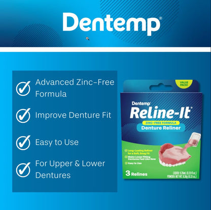 Dentemp Reline-It Denture Reliner Kit – 2 Pack (6 Relines) for Upper & Lower Dentures