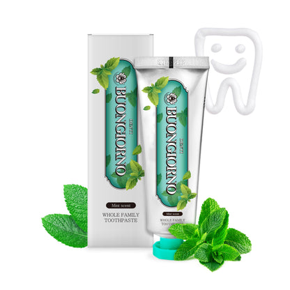 DENTI BUONGIORNO Herbal Mint Toothpaste - Natural Fluoride, Fresh Breath, Plaque Removal (3.52 fl oz / 100 g)