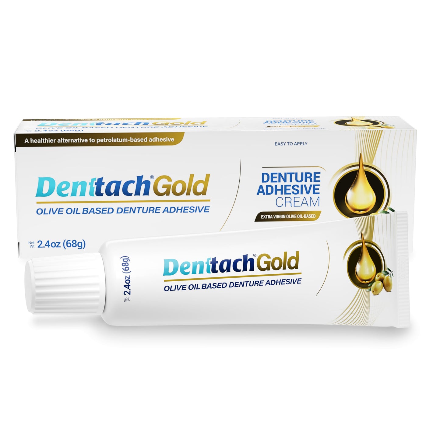 Denttach Gold Olive Oil Denture Adhesive – Zinc & Petroleum Free, 2.4 oz