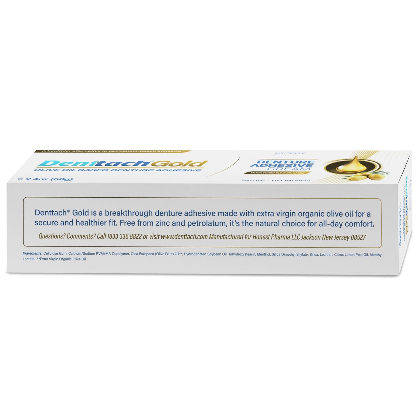 Denttach Gold Olive Oil Denture Adhesive – Zinc & Petroleum Free, 2.4 oz