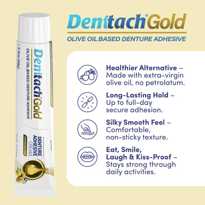 Denttach Gold Olive Oil Denture Adhesive – Zinc & Petroleum Free, 2.4 oz