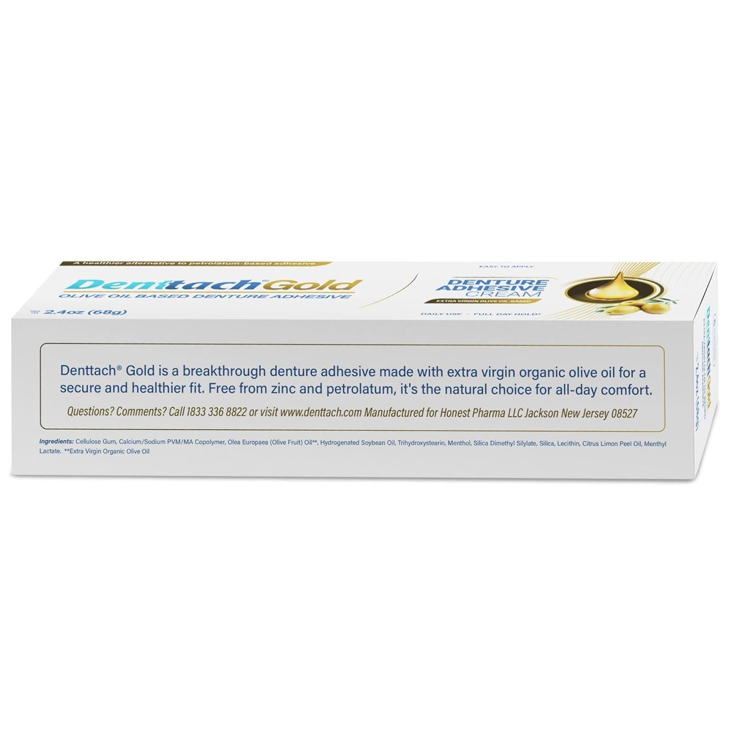 Denttach Gold Olive Oil Denture Adhesive – Zinc-Free, All-Day Hold (2.4 oz x3)